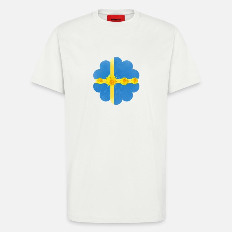 Suède Pissenlit Fleurs Suède Drapeau - T-shirt bio décontracté fabriqué en UE - OFF WHITE