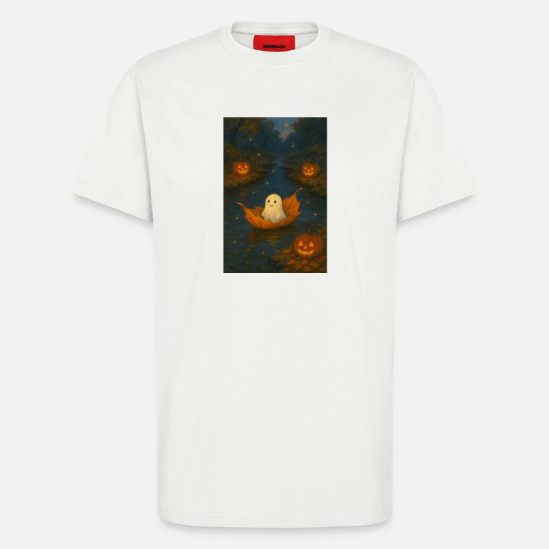 Fantôme mignon dans le feuillage d’automne - T-shirt bio décontracté fabriqué en UE - OFF WHITE