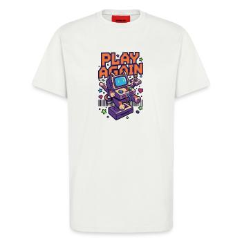 Play Again: Retro Katzen-Arcade - T-Shirt - made by SPREAD - OFF WHITE - Vorne - Alina (178cm) & Michal (187cm)
