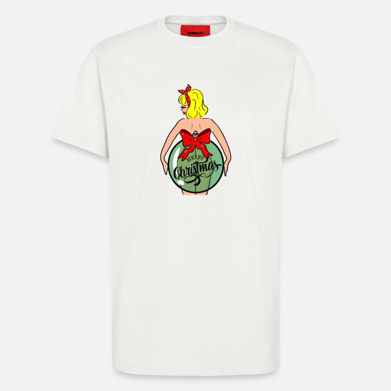 Frau mit Weihnachtskugel und roter Schleife - T-Shirt - made by SPREAD - OFF WHITE