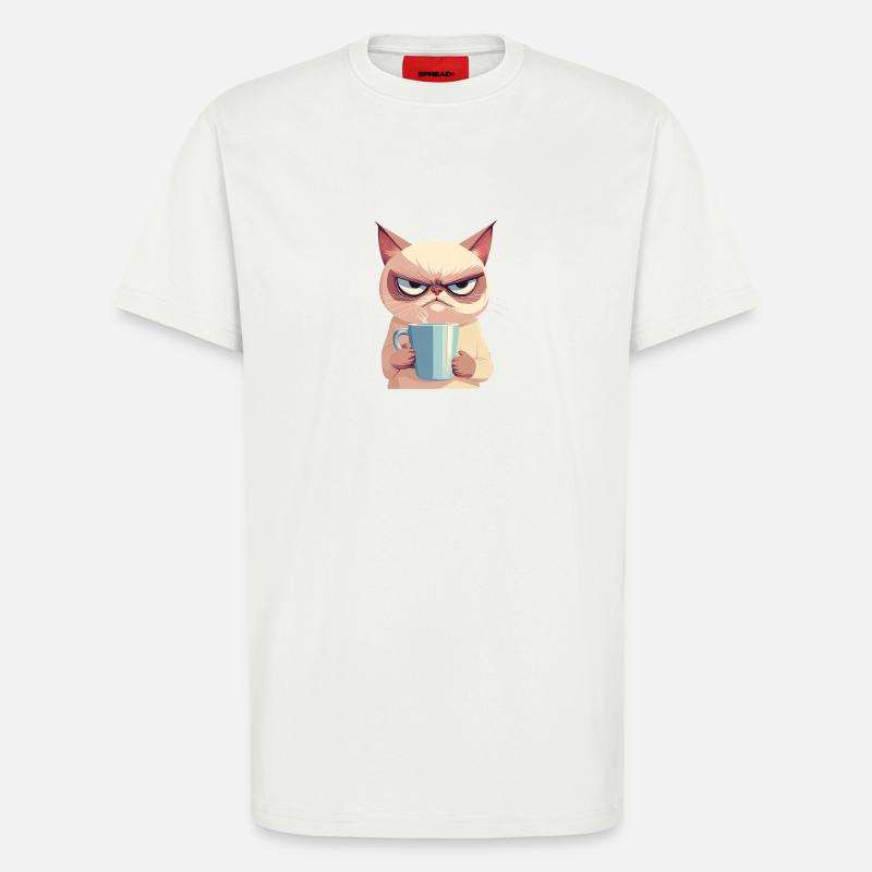 Grumpy-Stil: Grantige Katze mit Kaffee - T-Shirt - made by SPREAD - OFF WHITE