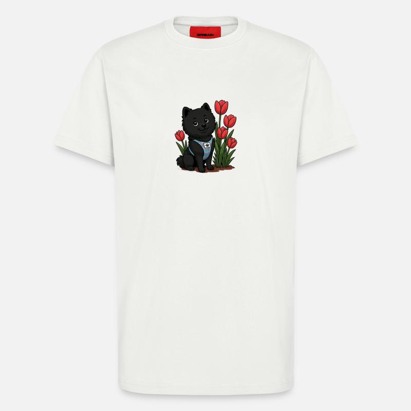 Süßer Spitz Hund mit Tulpen - T-Shirt - made by SPREAD - OFF WHITE