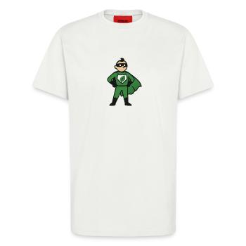 Öko Superheld im Grünumhang - T-Shirt - made by SPREAD - OFF WHITE - Vorne - Alina (178cm) & Michal (187cm)