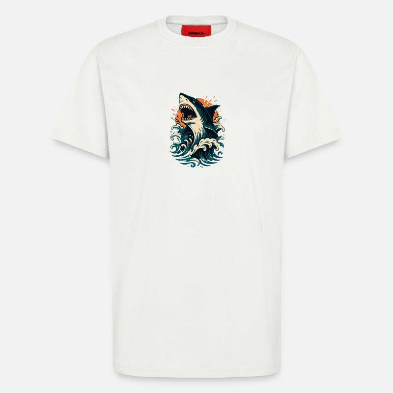 Shark roars through orange waves - T-Shirt - made by SPREAD - OFF WHITE