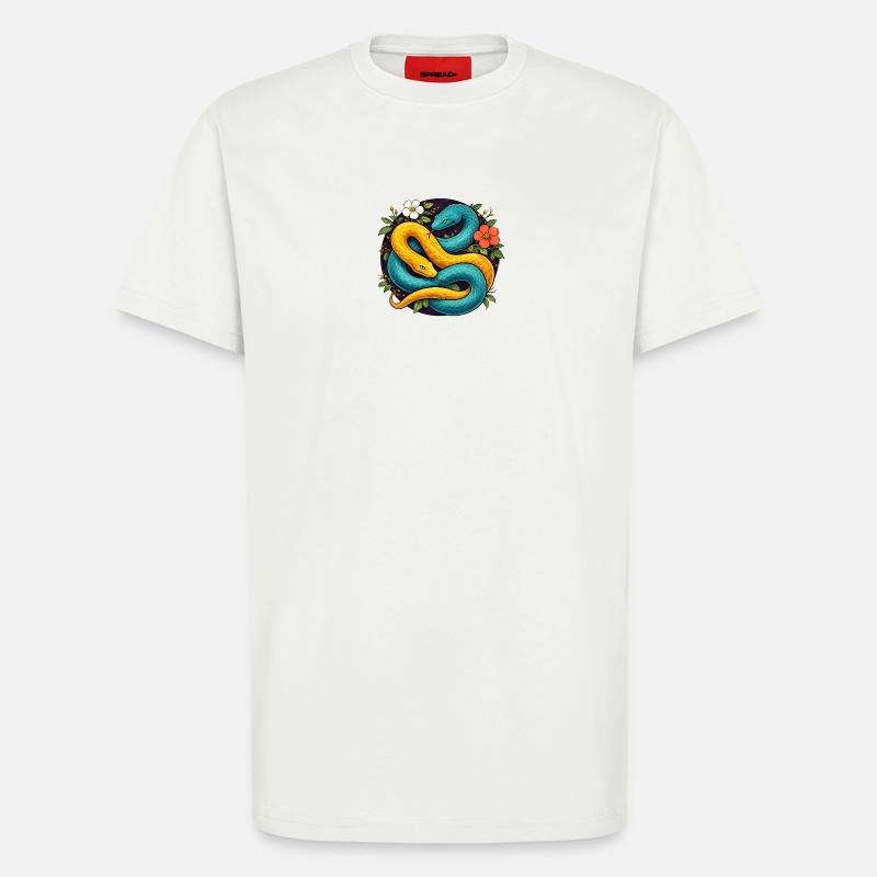 Two Python Snakes in Flower Ring - T-Shirt - made by SPREAD - OFF WHITE