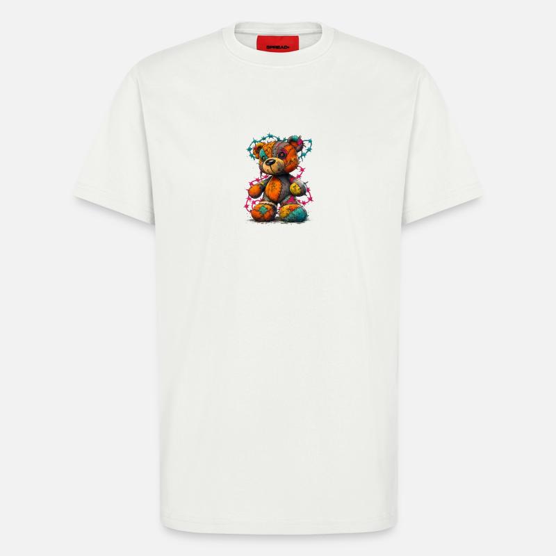 Patchwork Teddybär mit Neonfäden - T-Shirt - made by SPREAD - OFF WHITE