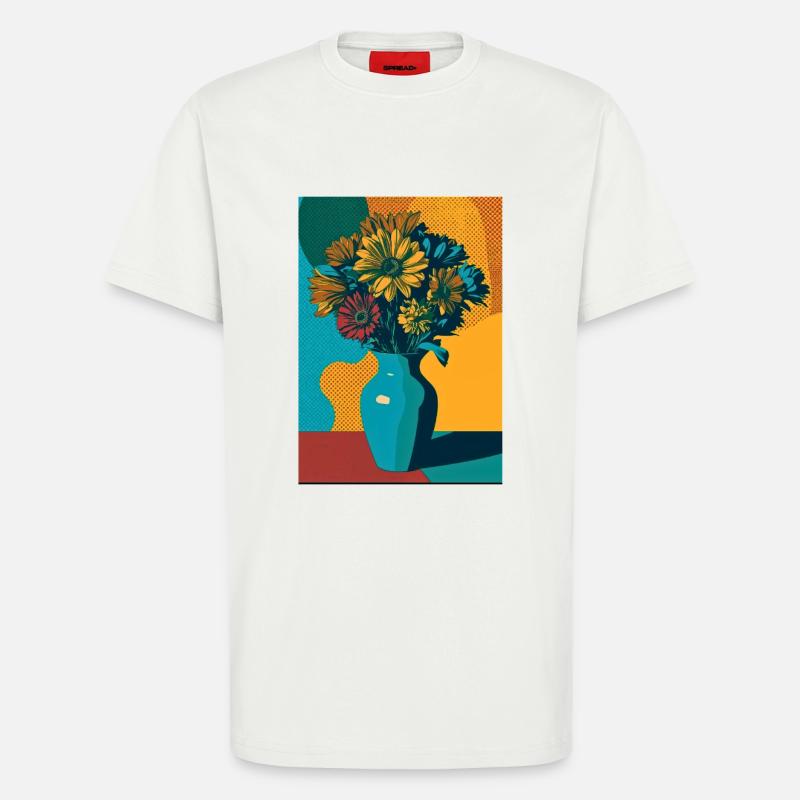 Pop Art Blumen auf blauer Vase - T-Shirt - made by SPREAD - OFF WHITE