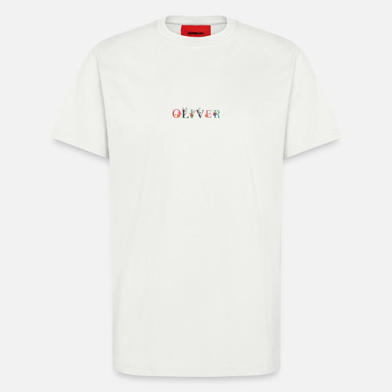 OLIVER Namenskunst mit gestickten Blumen - T-Shirt - made by SPREAD - OFF WHITE