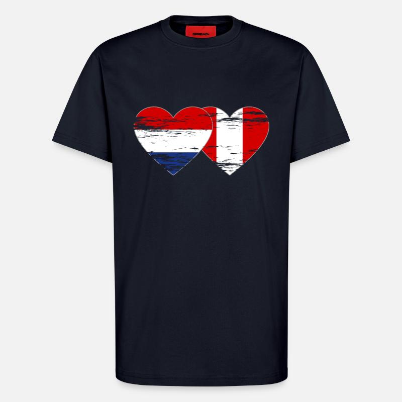 Hollande Pérou drapeau coeur utilisé - T-shirt bio décontracté fabriqué en UE - DARK NAVY