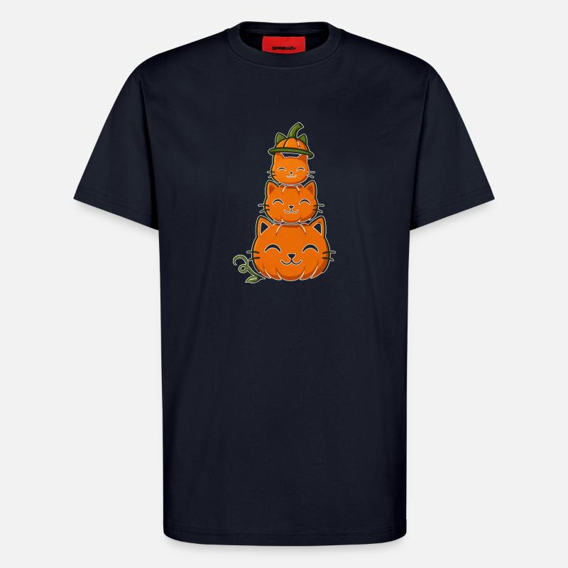 Happy Pumpkin Cat Stack - T-shirt bio décontracté fabriqué en UE - DARK NAVY
