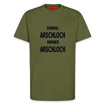 einmal arschloch immer arschloch - T-Shirt - made by SPREAD - MOSS GREEN - Vorne - Alina (178cm) & Michal (187cm)