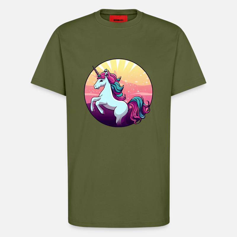 Einhorn springt Sunset - T-Shirt - made by SPREAD - MOSS GREEN