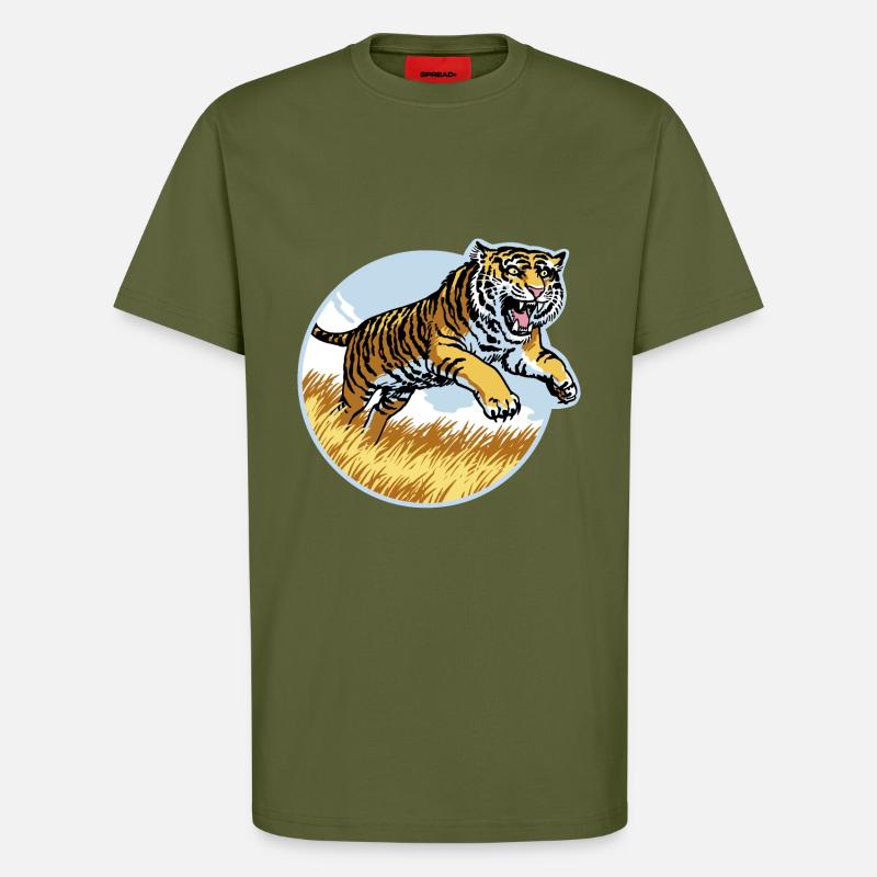 Tigre dans le saut - T-shirt bio décontracté fabriqué en UE - MOSS GREEN