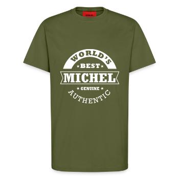 Michel world s best gift first name michel - T-Shirt - made by SPREAD - MOSS GREEN - Front - Alina (178cm) & Michal (187cm)