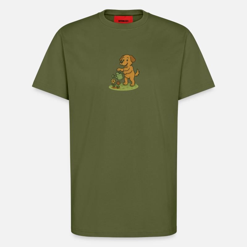 Chien joyeux arrosant les fleurs - T-shirt bio décontracté fabriqué en UE - MOSS GREEN