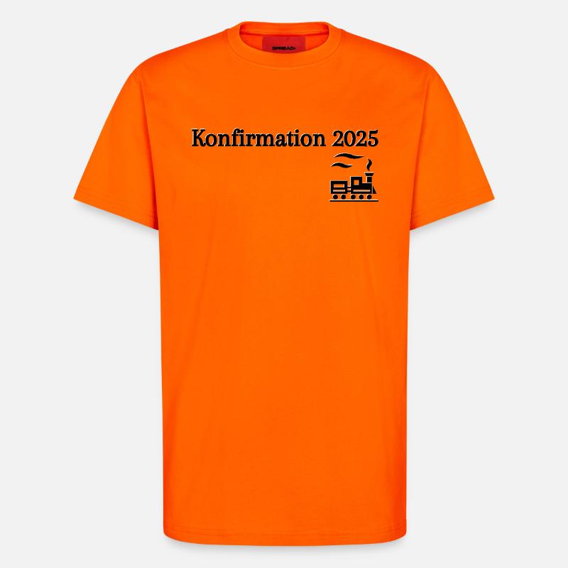 Konfirmation 2025 losfahrender Zug Reise - T-Shirt - made by SPREAD - SUNSET ORANGE