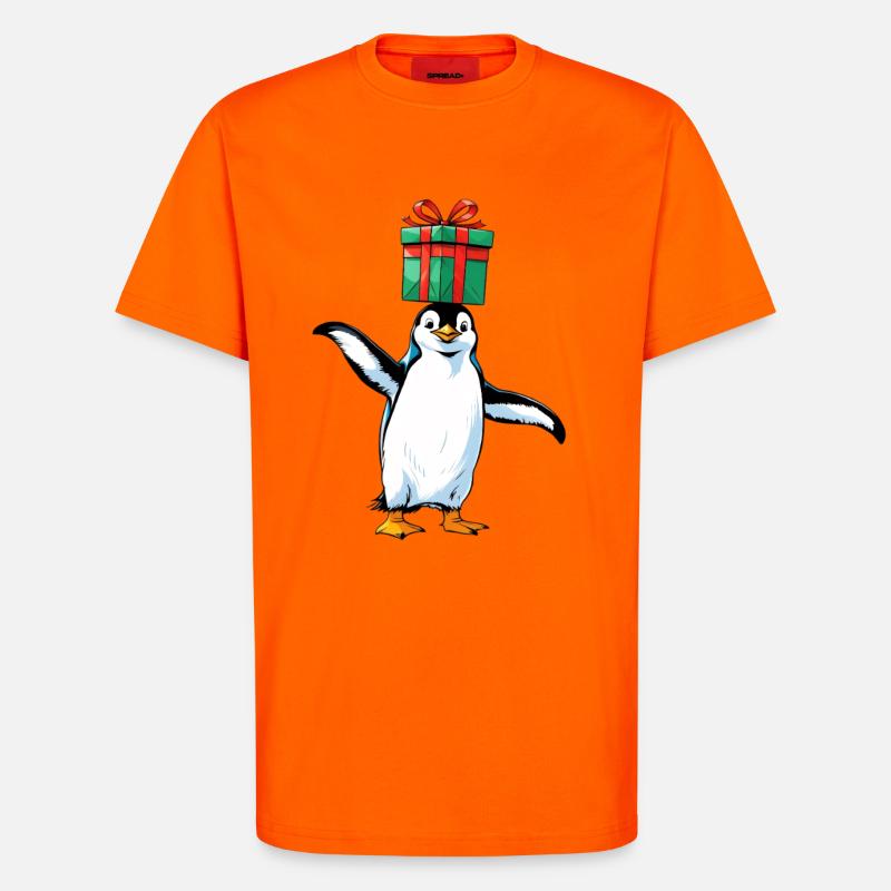 Pinguin mit Geschenk auf Kopf - T-Shirt - made by SPREAD - SUNSET ORANGE