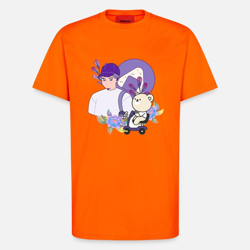 Onigiri Snack & Bear on Mobility Scooter - T-Shirt - made by SPREAD - SUNSET ORANGE