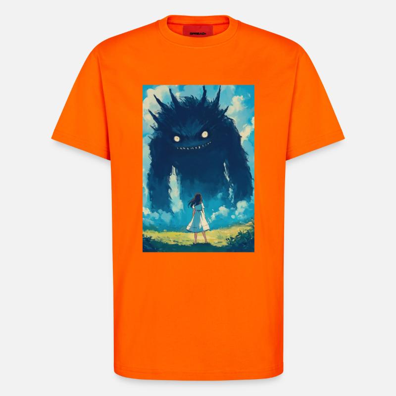 Ein Mädchen steht einem Monster gegenüber - T-Shirt - made by SPREAD - SUNSET ORANGE