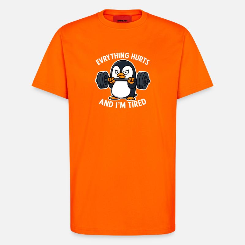 Grumpy Penguin Lifting Weights - T-Shirt - made by SPREAD - SUNSET ORANGE
