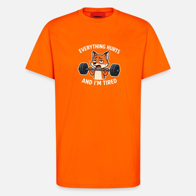 Exhausted Fox Lifting Weights Illustration - T-Shirt - made by SPREAD - SUNSET ORANGE