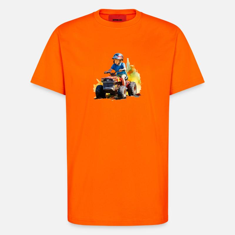 Junge auf Spielzeugtraktor mit Farbspritzer - T-Shirt - made by SPREAD - SUNSET ORANGE