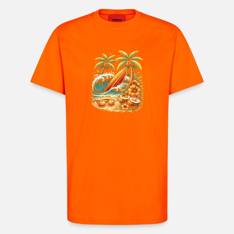 Surfbrett am Strand Illustration - T-Shirt - made by SPREAD - SUNSET ORANGE