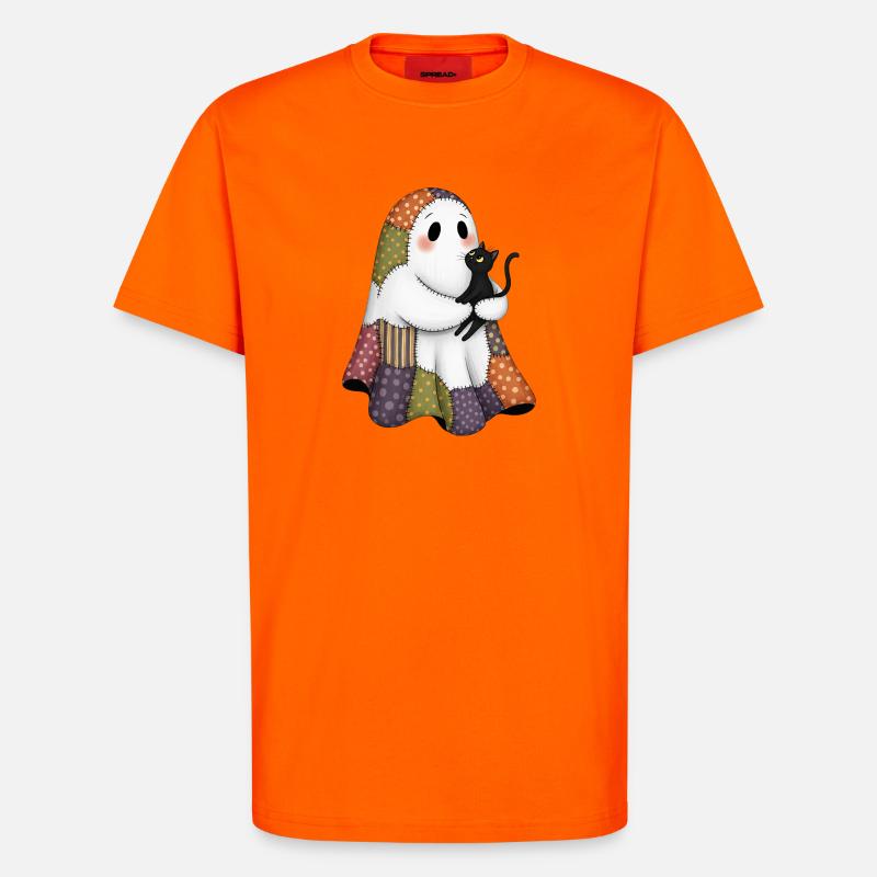 Patchwork fantôme avec chat noir - T-shirt bio décontracté fabriqué en UE - SUNSET ORANGE
