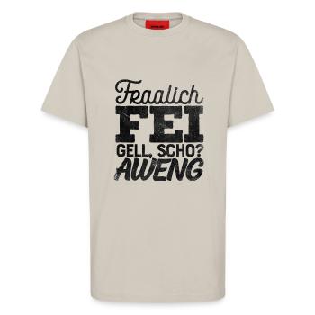 Fränkisch Spruch Fraalich Fei Aweng Shirt - T-Shirt - made by SPREAD - WARM CLAY - Vorne - Alina (178cm) & Michal (187cm)