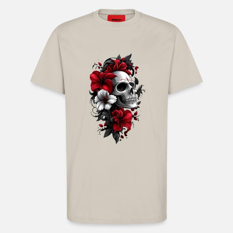 Crâne avec des fleurs - T-shirt bio décontracté fabriqué en UE - WARM CLAY