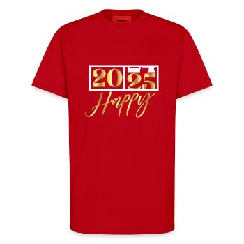 2025 Happy – Funny Silvester Design - T-Shirt - made by SPREAD - Rot - Vorne - Alina (178cm) & Michal (187cm)