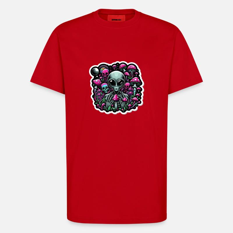Psychedelischer Alien mit Pilzen - T-Shirt - made by SPREAD - Rot