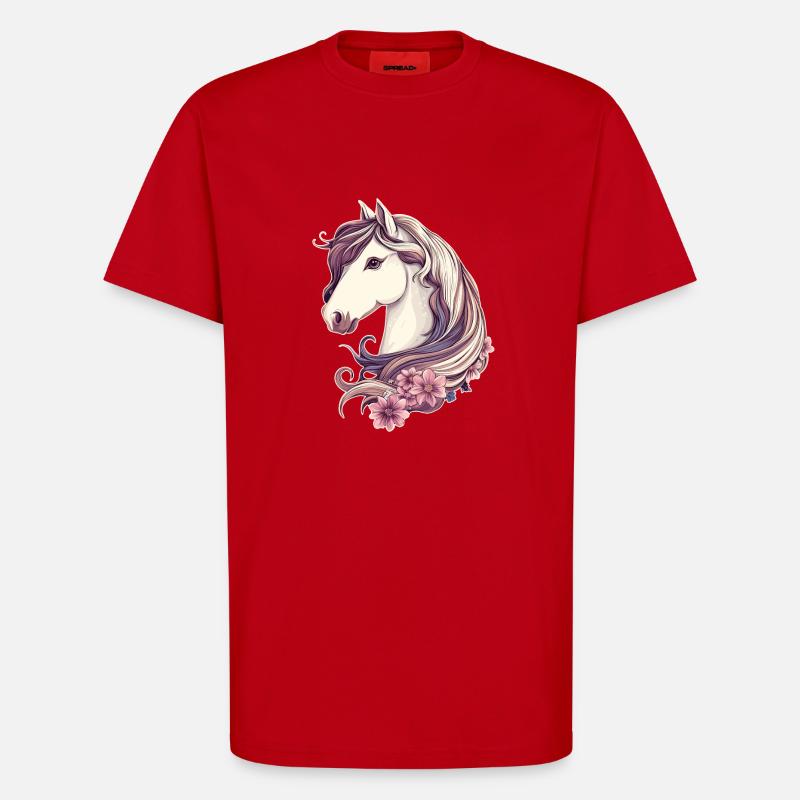 Cheval avec des fleurs - T-shirt bio décontracté fabriqué en UE - rouge