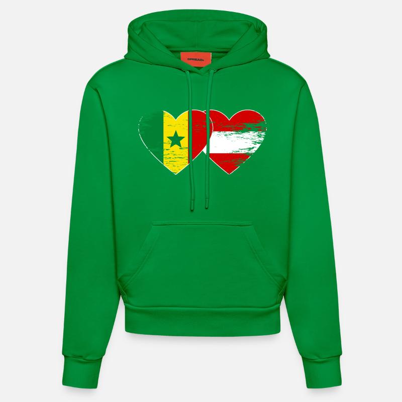Sénégal Autriche Drapeau Mains Coeur Utilisé - Sweat à capuche bio ajusté fabriqué en UE - City Green
