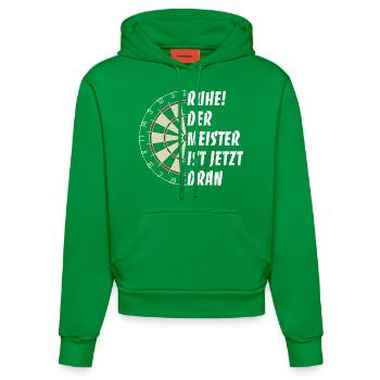 Ruhe! Der Meister ist jetzt dran - Dart Spruch - Organic Fitted Hoodie Made in EU - City Green - Vorne
