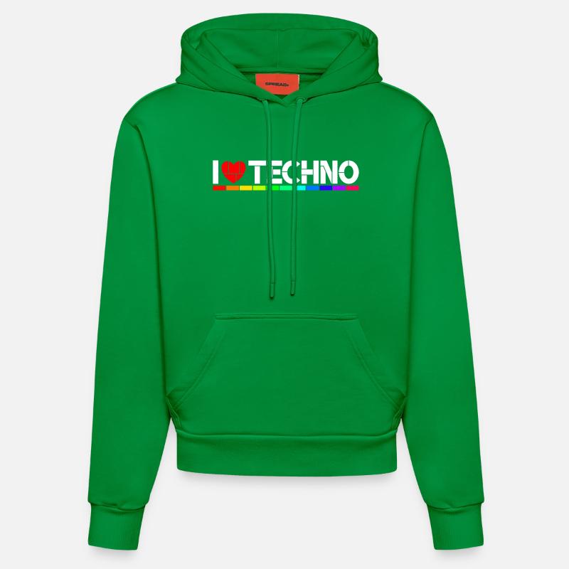 I love Techno - Sweat à capuche bio ajusté fabriqué en UE - City Green