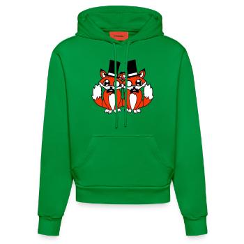 2 Foxes Friends Top Hat Men's Monocle Glasses - Organic Fitted Hoodie Made in EU - City Green - Front
