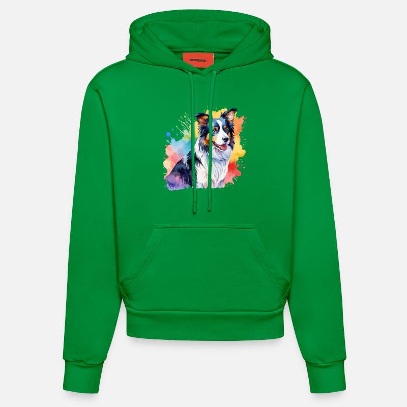 Border Collie Aquarelles - Sweat à capuche bio ajusté fabriqué en UE - City Green