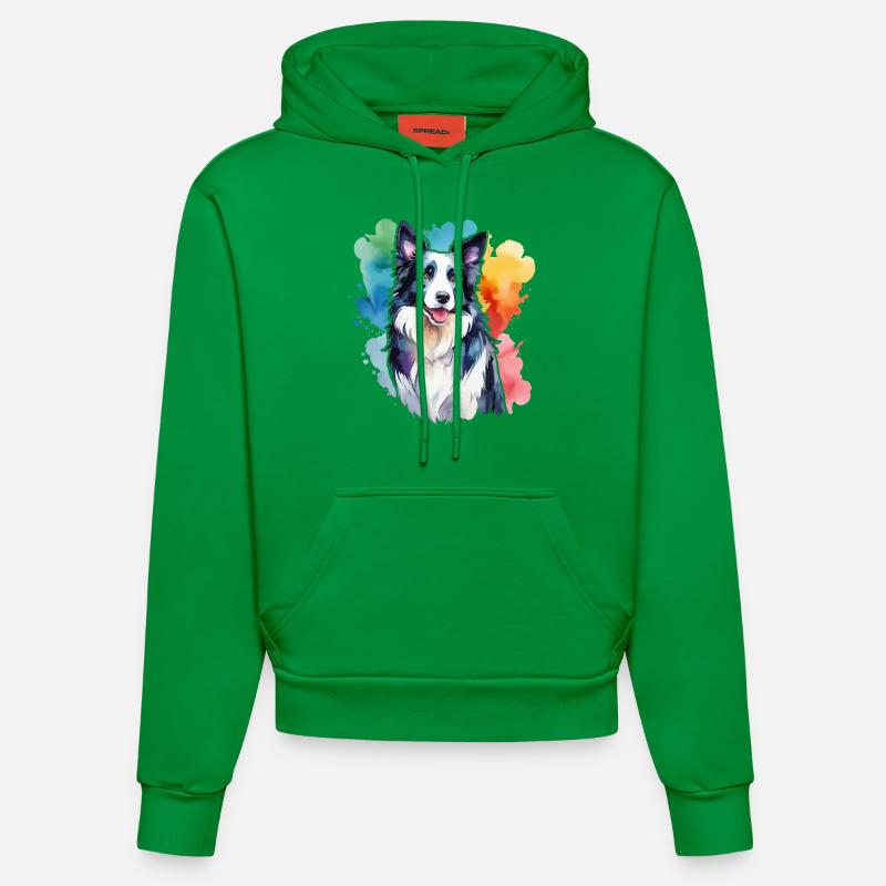 Border Collie Aquarelles - Sweat à capuche bio ajusté fabriqué en UE - City Green
