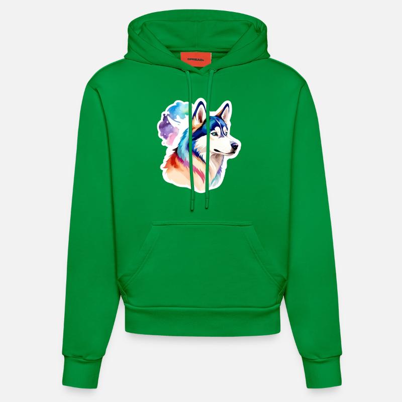 Husky de Sibérie Aquarelles - Sweat à capuche bio ajusté fabriqué en UE - City Green