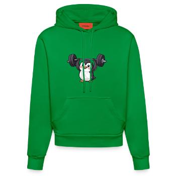 Pinguin Hantel Workout Stark - Organic Fitted Hoodie Made in EU - City Green - Vorne