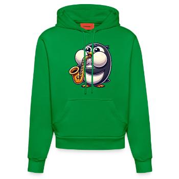 Penguin Saxophone Classical Music Thick Cheeks - Organic Fitted Hoodie Made in EU - City Green - Front