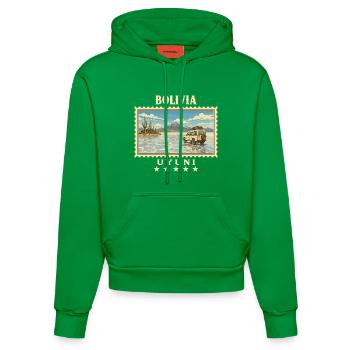 Bolivien Uyuni Vintage Reisemarke - Organic Fitted Hoodie Made in EU - City Green - Vorne