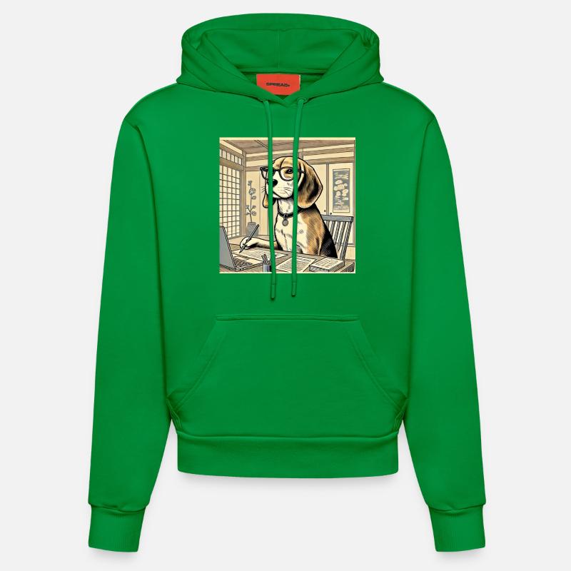 Beagle au bureau - style ukiyo-e - Sweat à capuche bio ajusté fabriqué en UE - City Green
