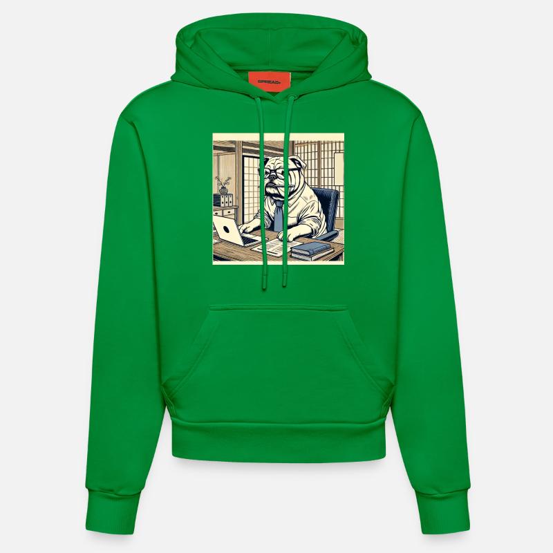 Bouledogue au bureau - Ukiyo-e Style - Sweat à capuche bio ajusté fabriqué en UE - City Green