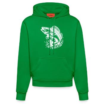 Large Jumping Zander Fish - Organic Fitted Hoodie Made in EU - City Green - Front