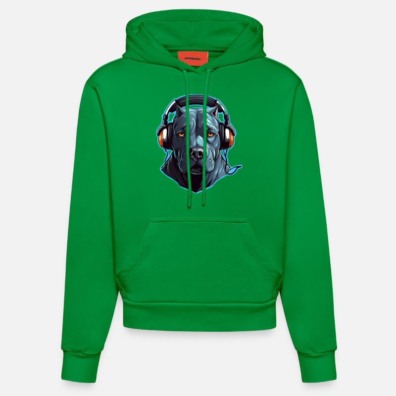 Cooler Pitbull mit Kopfhörern - Organic Fitted Hoodie Made in EU - City Green