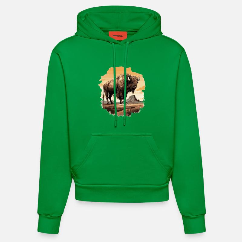 Bison majestueux de style western - Sweat à capuche bio ajusté fabriqué en UE - City Green