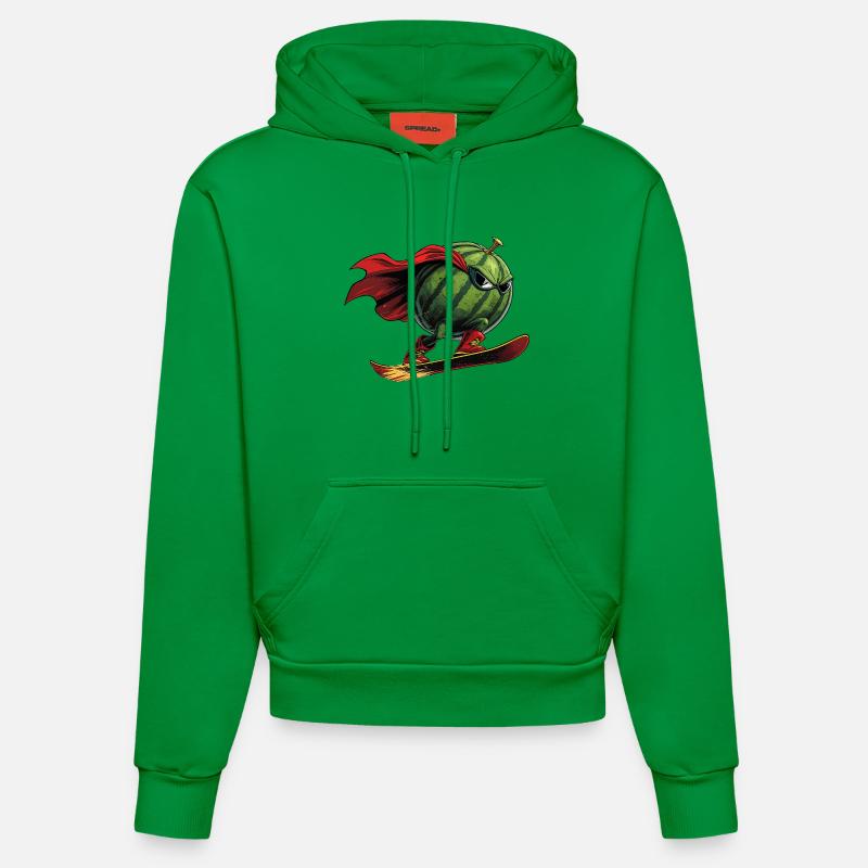 Super-héros Pastèque sur l’action du snowboard - Sweat à capuche bio ajusté fabriqué en UE - City Green