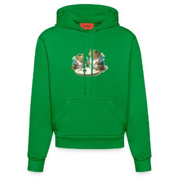 Frosch-Dinner: Fliege am Teller - Organic Fitted Hoodie Made in EU - City Green - Vorne